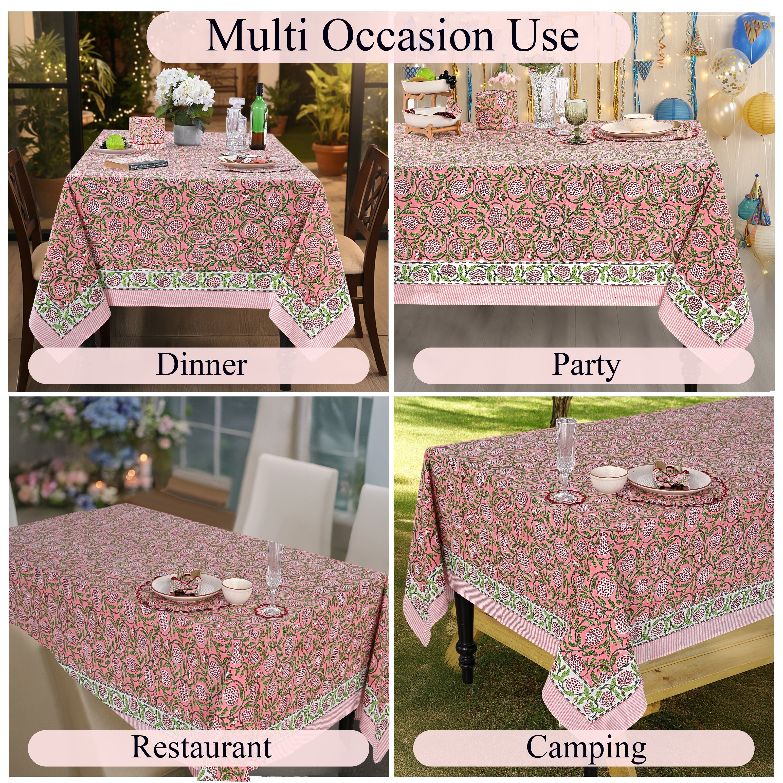 Strawberry Pink Rectangle Tablecloth Ridhi Block Print