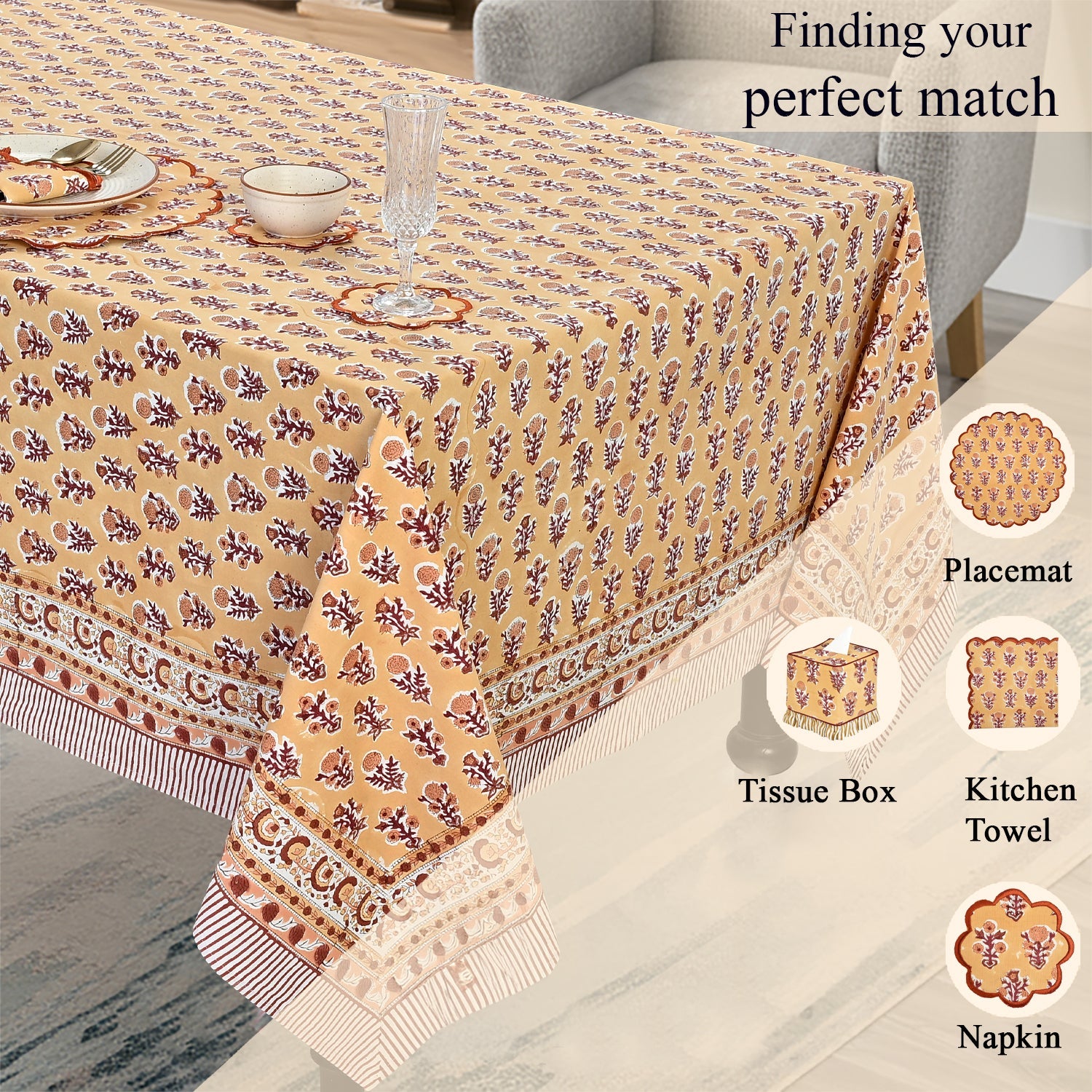 Amber Marigold Square & Rectangle Tablecloth Ridhi Block Print