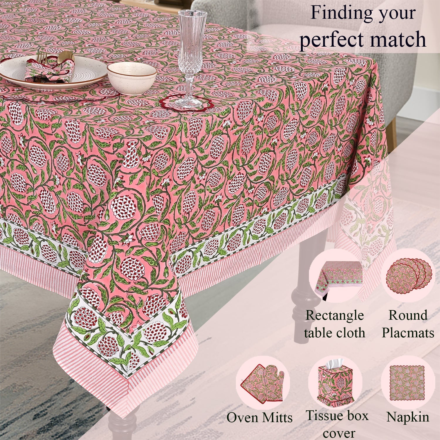 Strawberry Pink Rectangle Tablecloth Ridhi Block Print