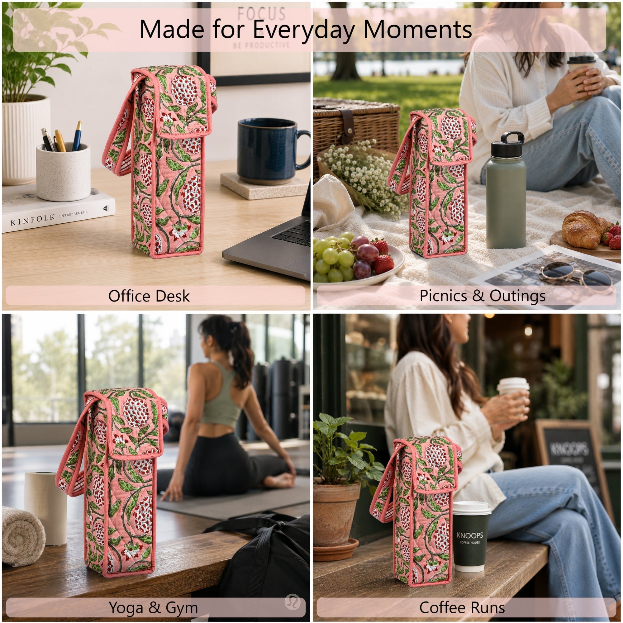 Strawberry Pink Block Print Quilted Water Bottle Holder Bag RIDHI