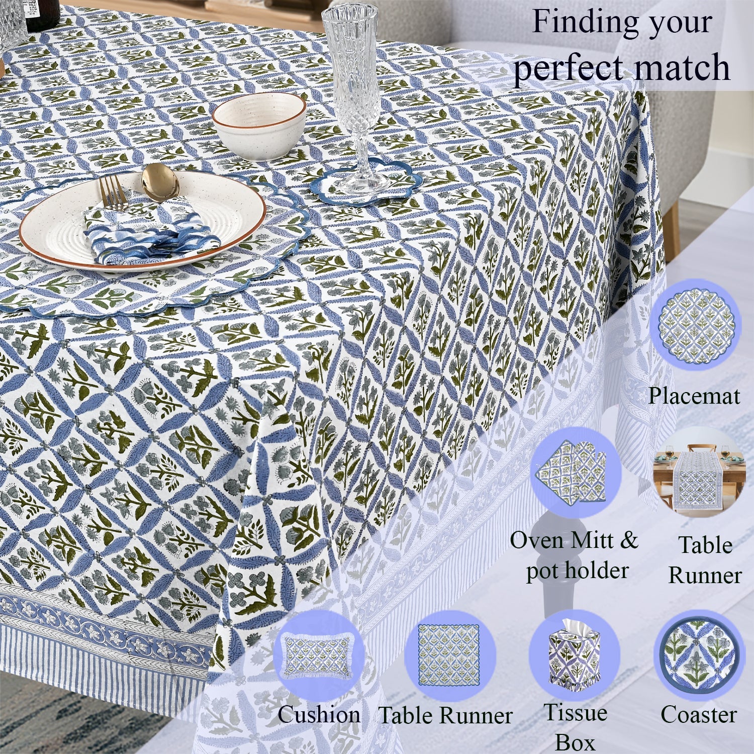 Light Steel Blue Square & Rectangle Tablecloths Ridhi Block Print