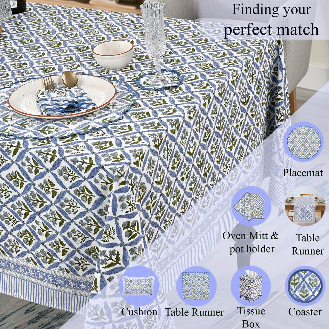 Light Steel Blue Square & Rectangle Tablecloths Ridhi Block Print
