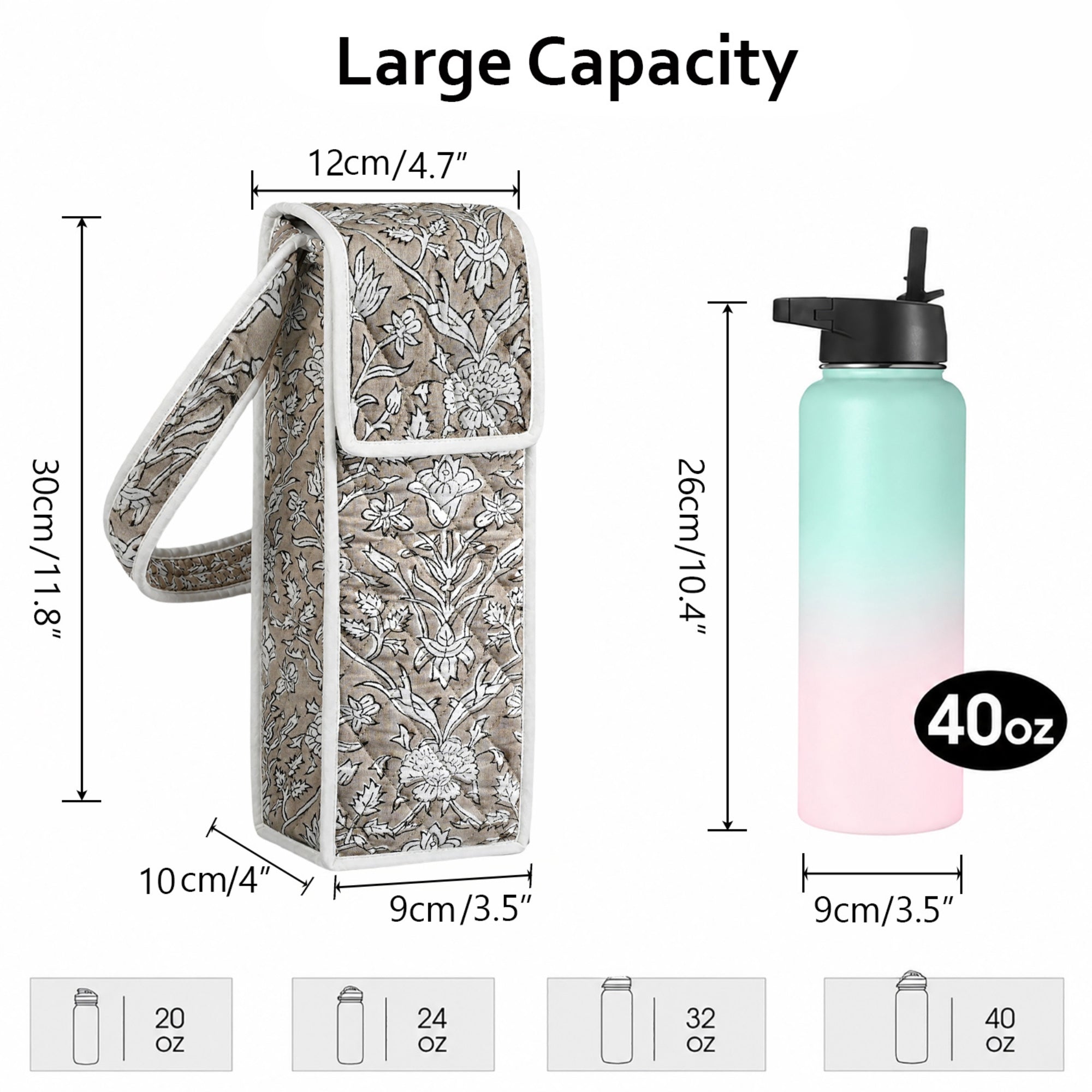 Taupe Block Print Quilted Water Bottle Holder Bag RIDHI