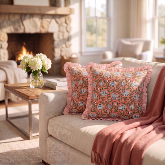 Dark Salmon Pink Ruffle Pillow Cover Ridhi Block Print