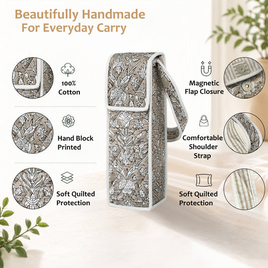 Taupe Block Print Quilted Water Bottle Holder Bag RIDHI