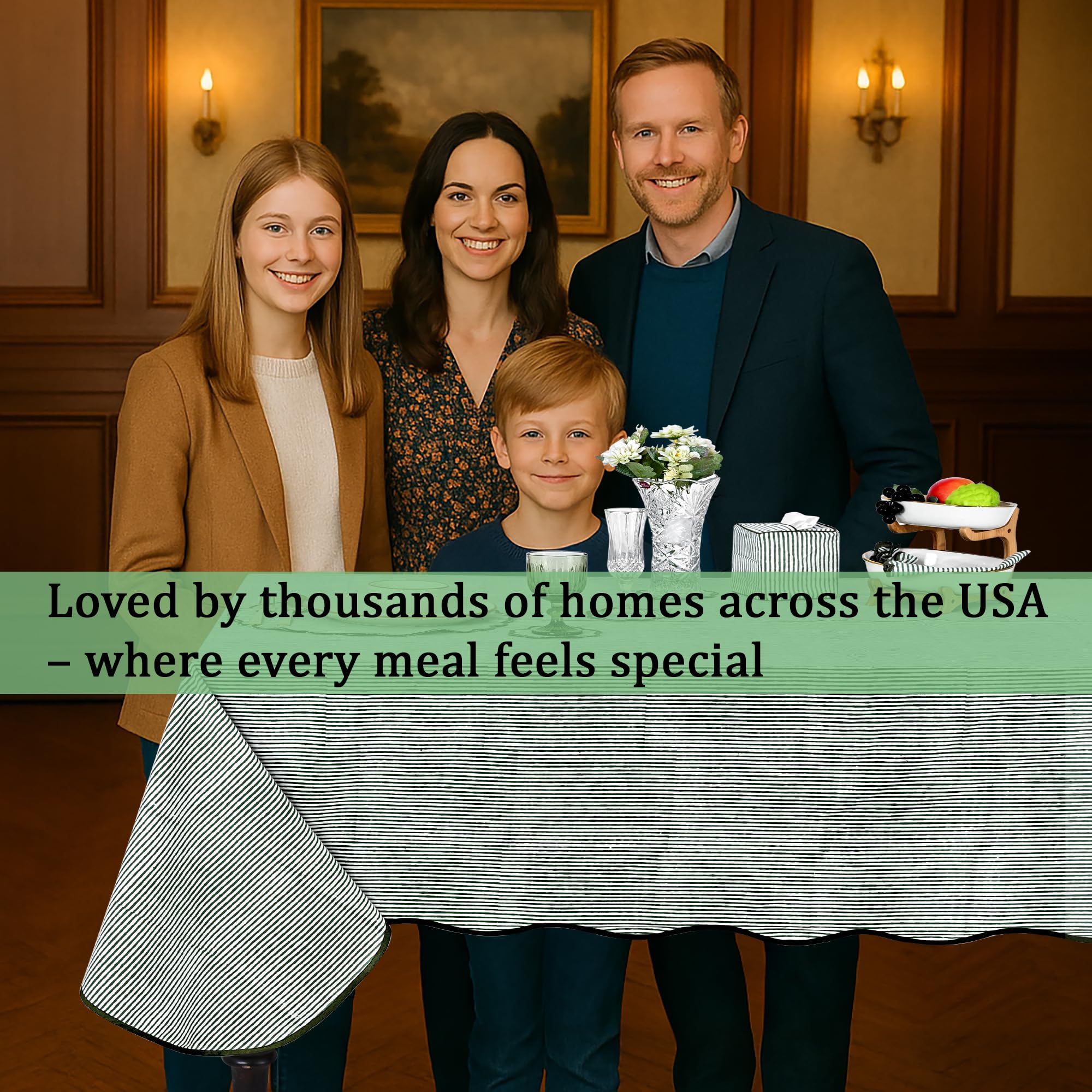 Hand Block Print Cotton Tablecloth - Forest Green Stripe