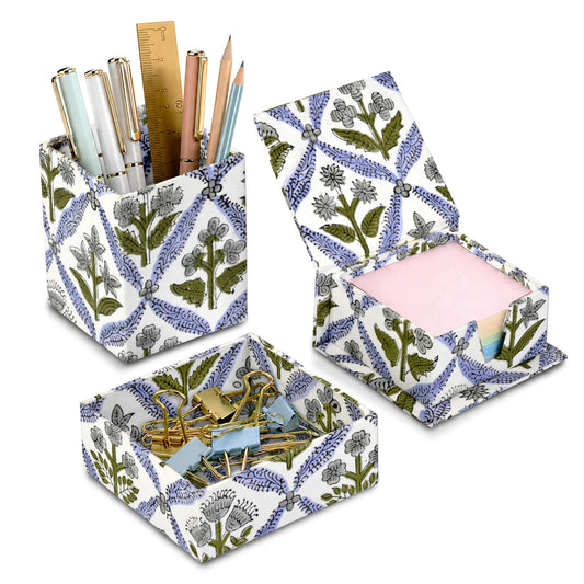 Hand Block Print Cotton Desk Organizer - Light Steel Blue