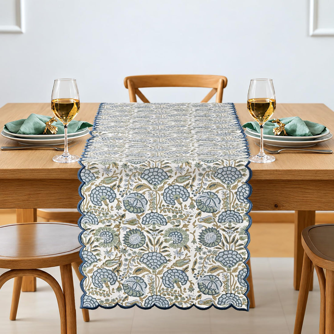 Ridhi asparagus green hand block print embroidered cotton table runner