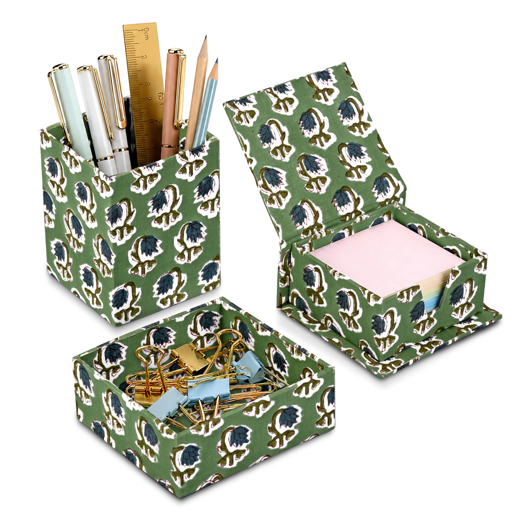 Hand Block Print Cotton Desk Organizer - Basil Green