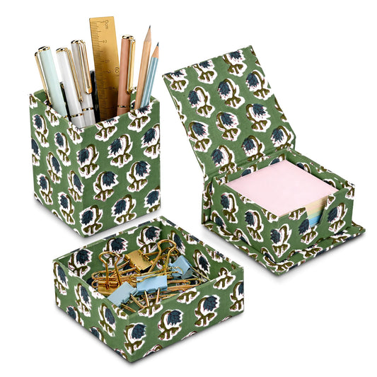 Hand Block Print Cotton Desk Organizer - Basil Green