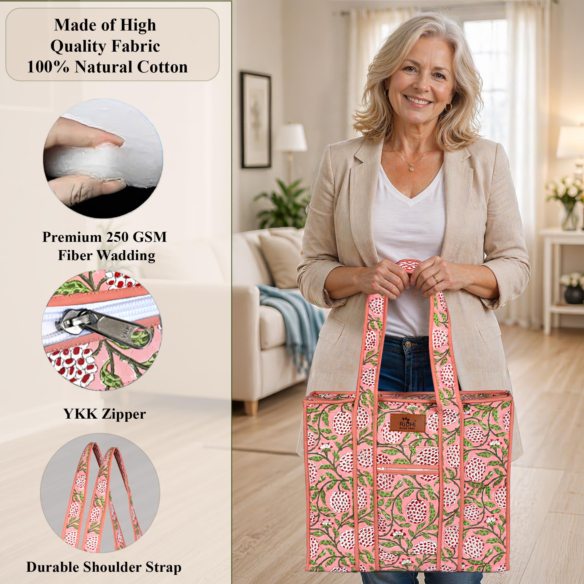 Hand Block Print Cotton Handbag - Strawberry Pink