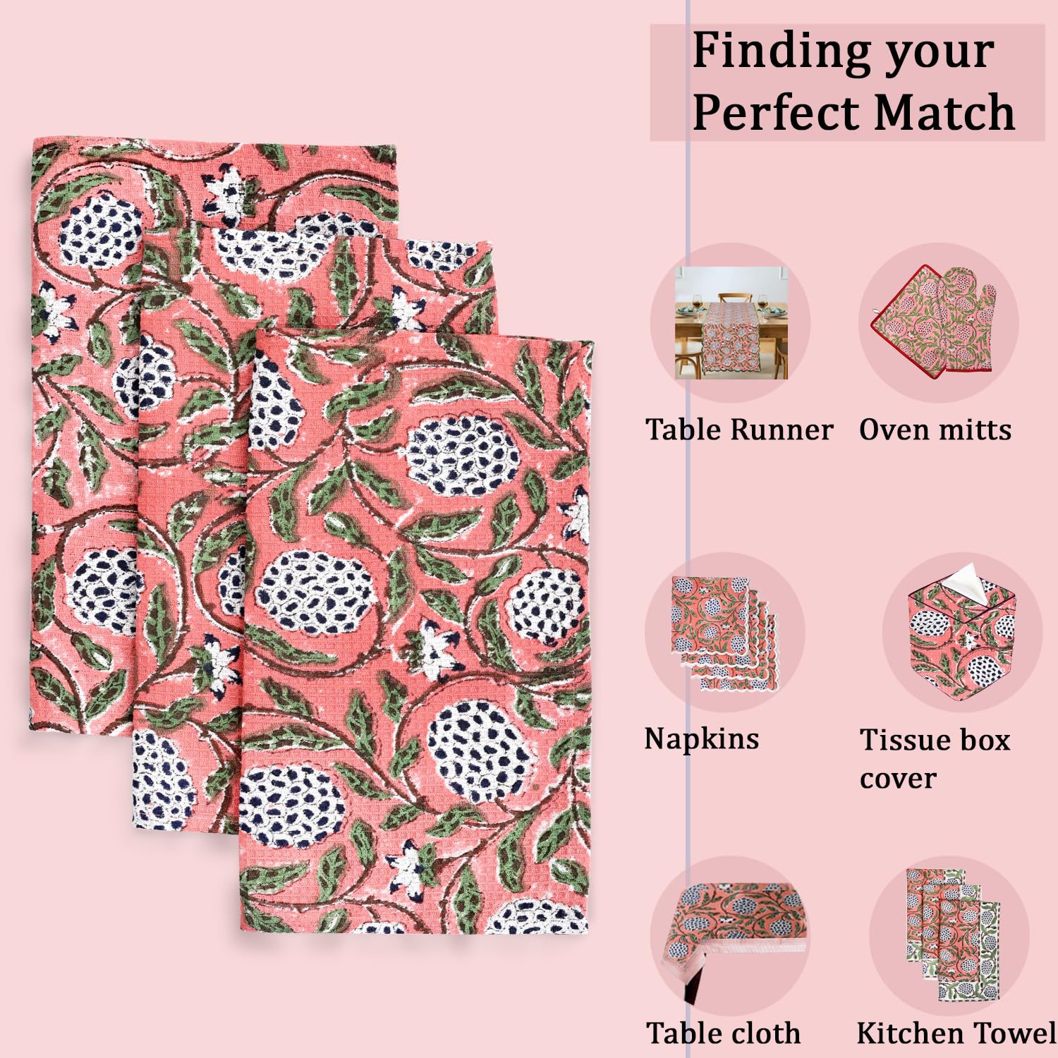 Hand Block Print Cotton Kitchen Towel - Dark Salmon Pink