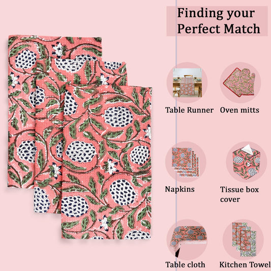 Hand Block Print Cotton Kitchen Towel - Dark Salmon Pink