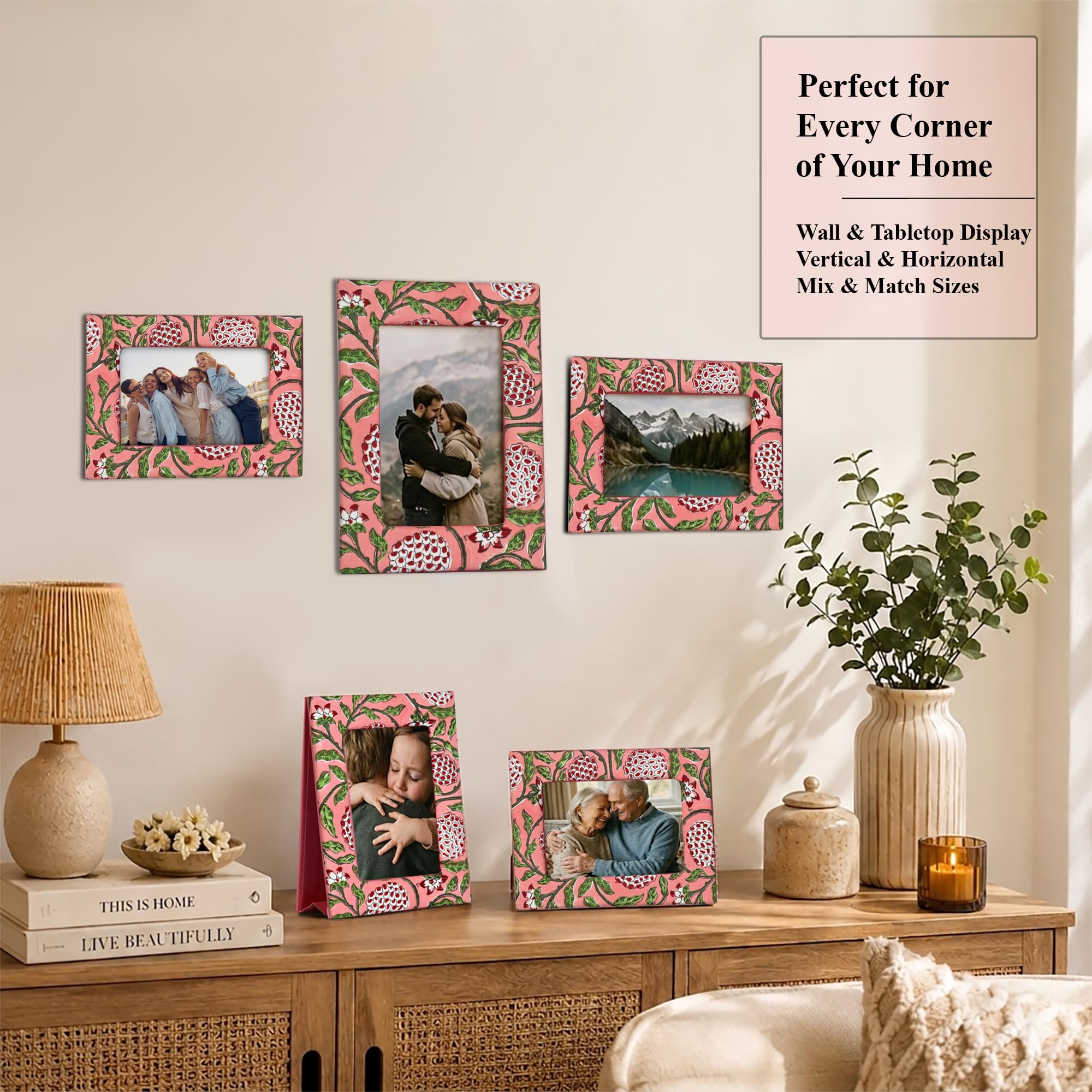 Hand Block Print Cotton Picture Frame - Strawberry Pink