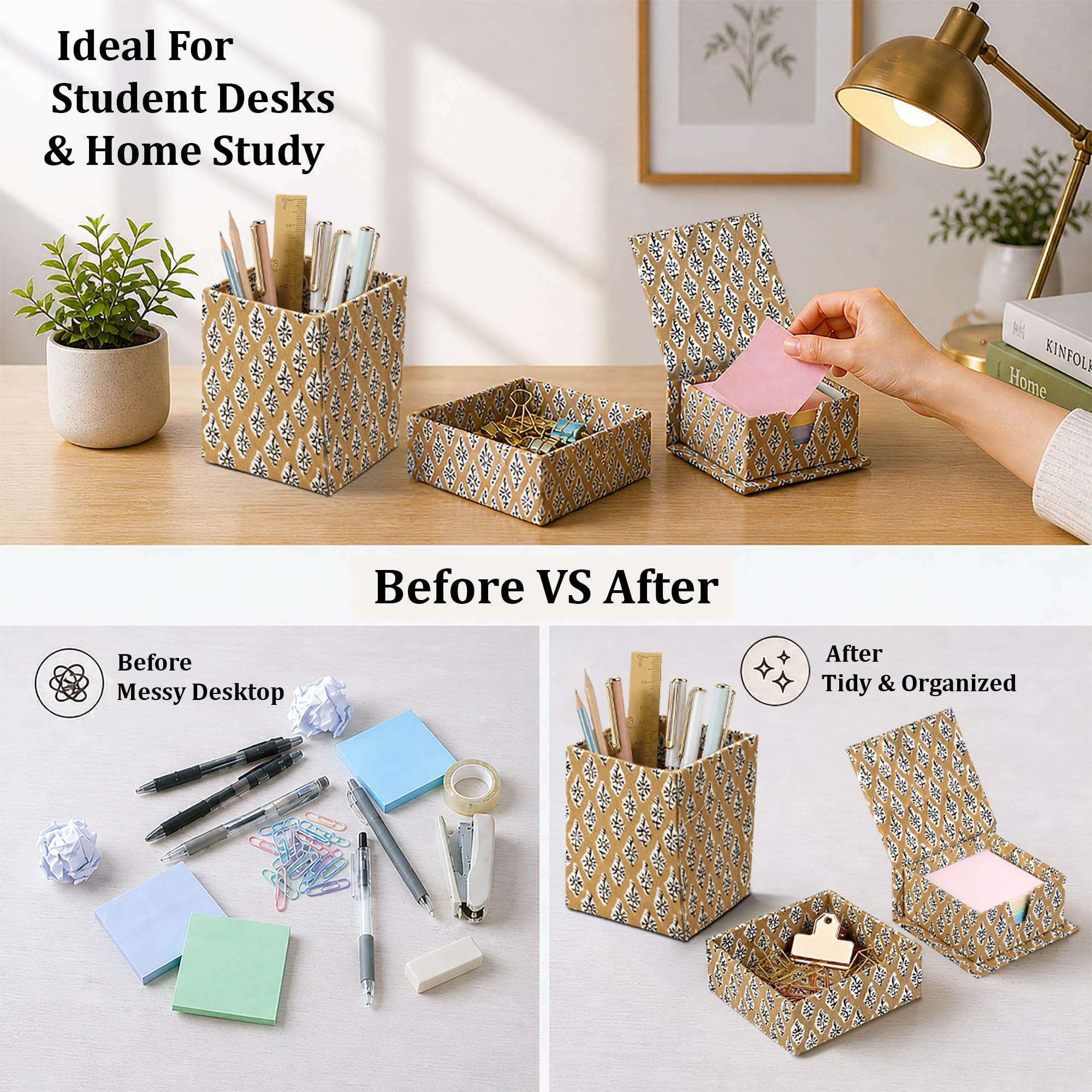 Hand Block Print Cotton Desk Organizer - Fullers Earth Powder