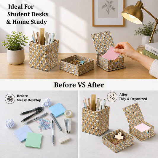Hand Block Print Cotton Desk Organizer - Fullers Earth Powder