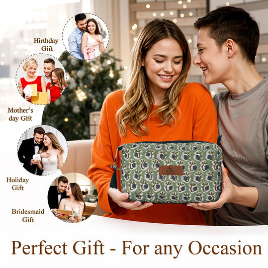 Hand Block Print Cotton Cosmetic Bag - Basil Green
