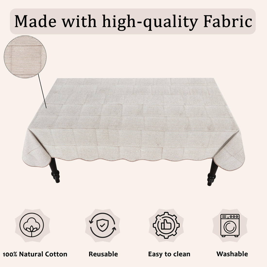 Hand Block Print Cotton Tablecloth - Oatmeal Brown Stripe
