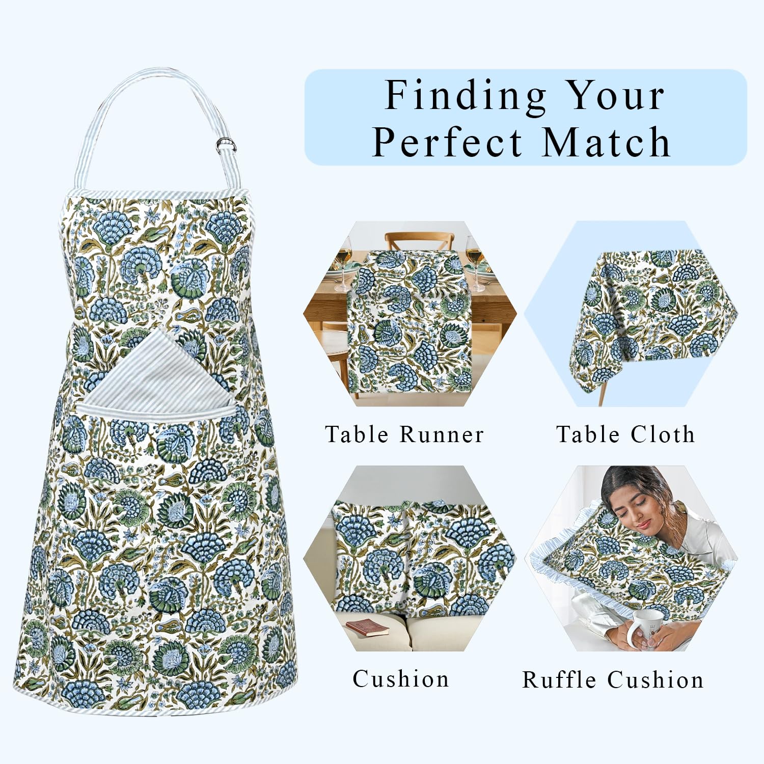 Hand Block Print Cotton Kitchen Apron - Asparagus Green