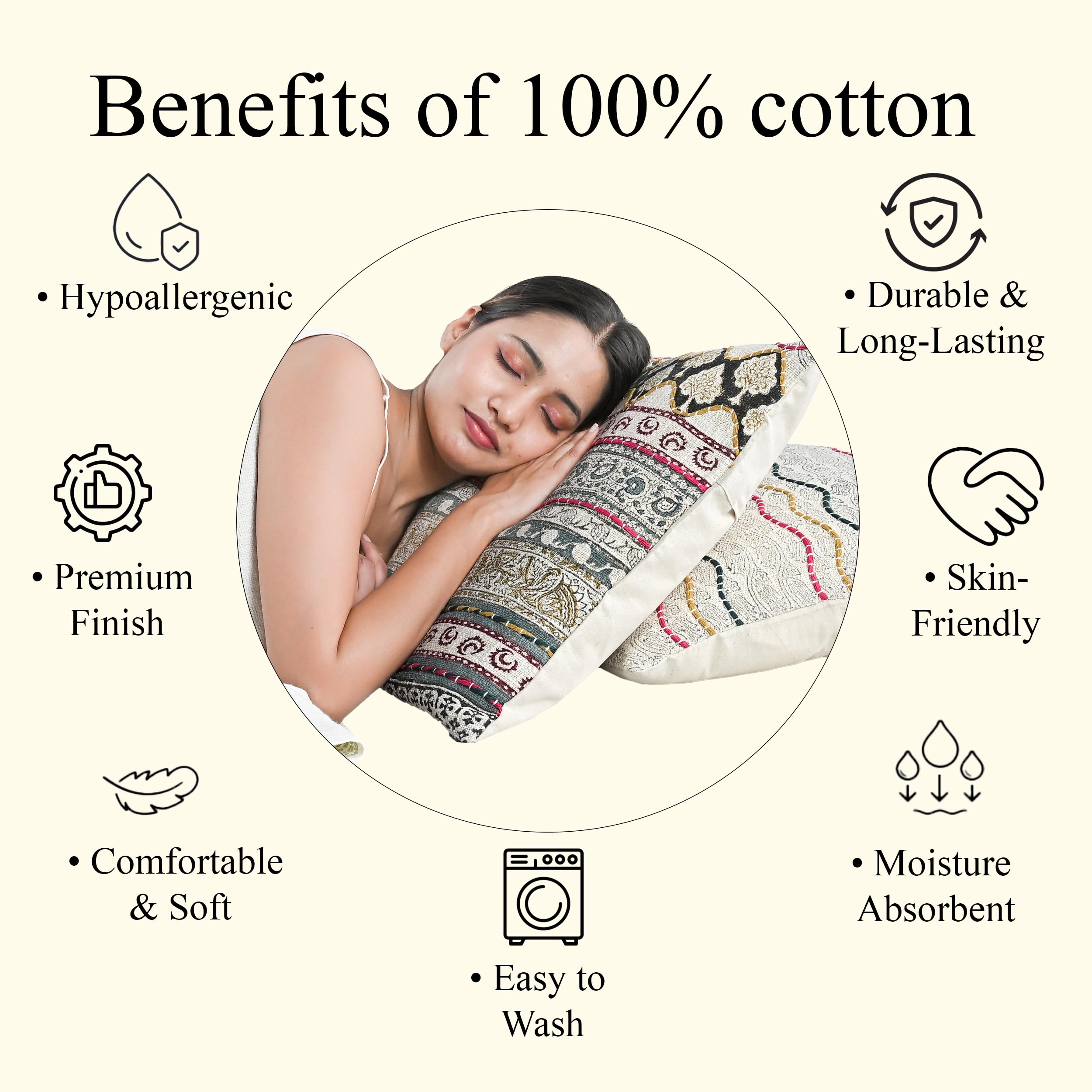 Hand Block Print Cotton Throw Pillow Cover - Neutral Ivory Grey