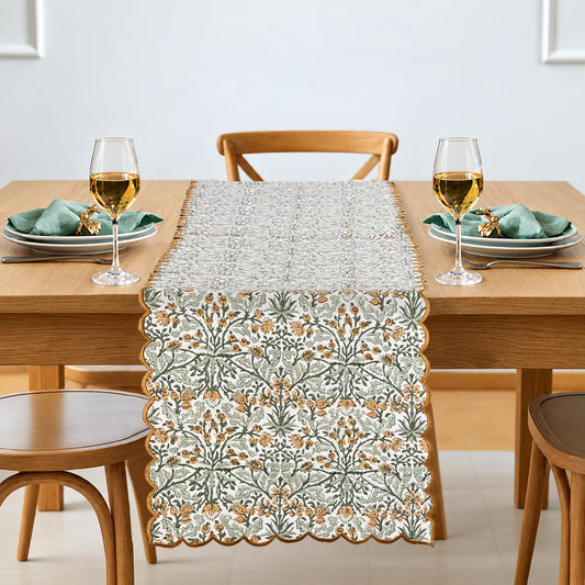 Ridhi goldenrod yellow hand block print embroidered cotton table runner