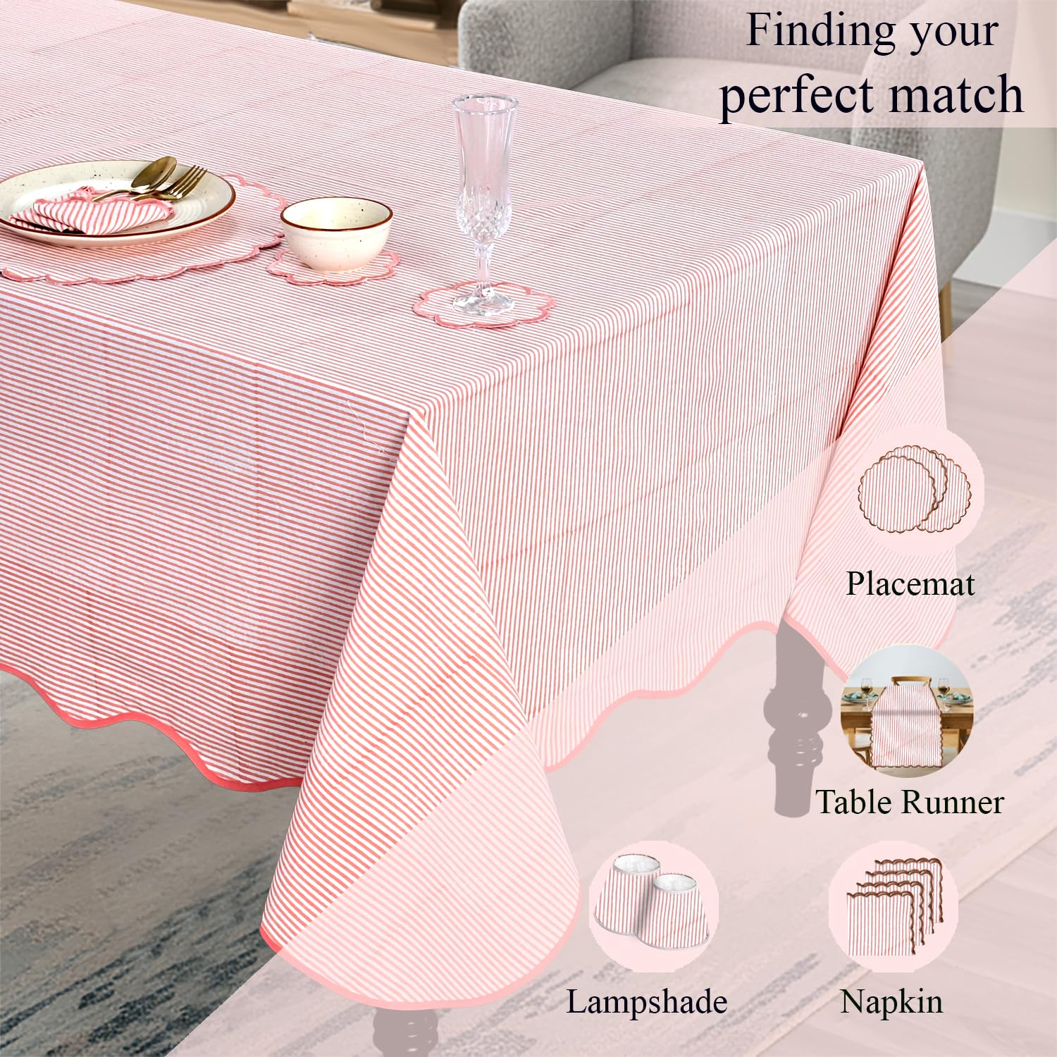 Hand Block Print Cotton Tablecloth - Blush Coral Stripe