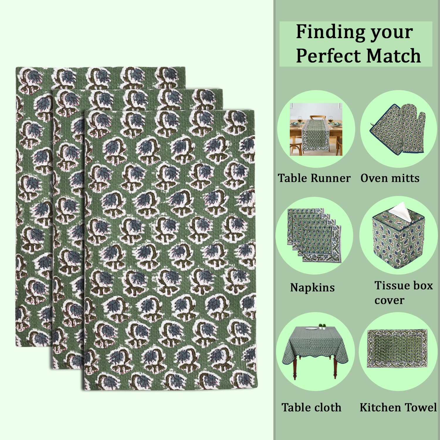 Hand Block Print Cotton Kitchen Towel - Basil Green