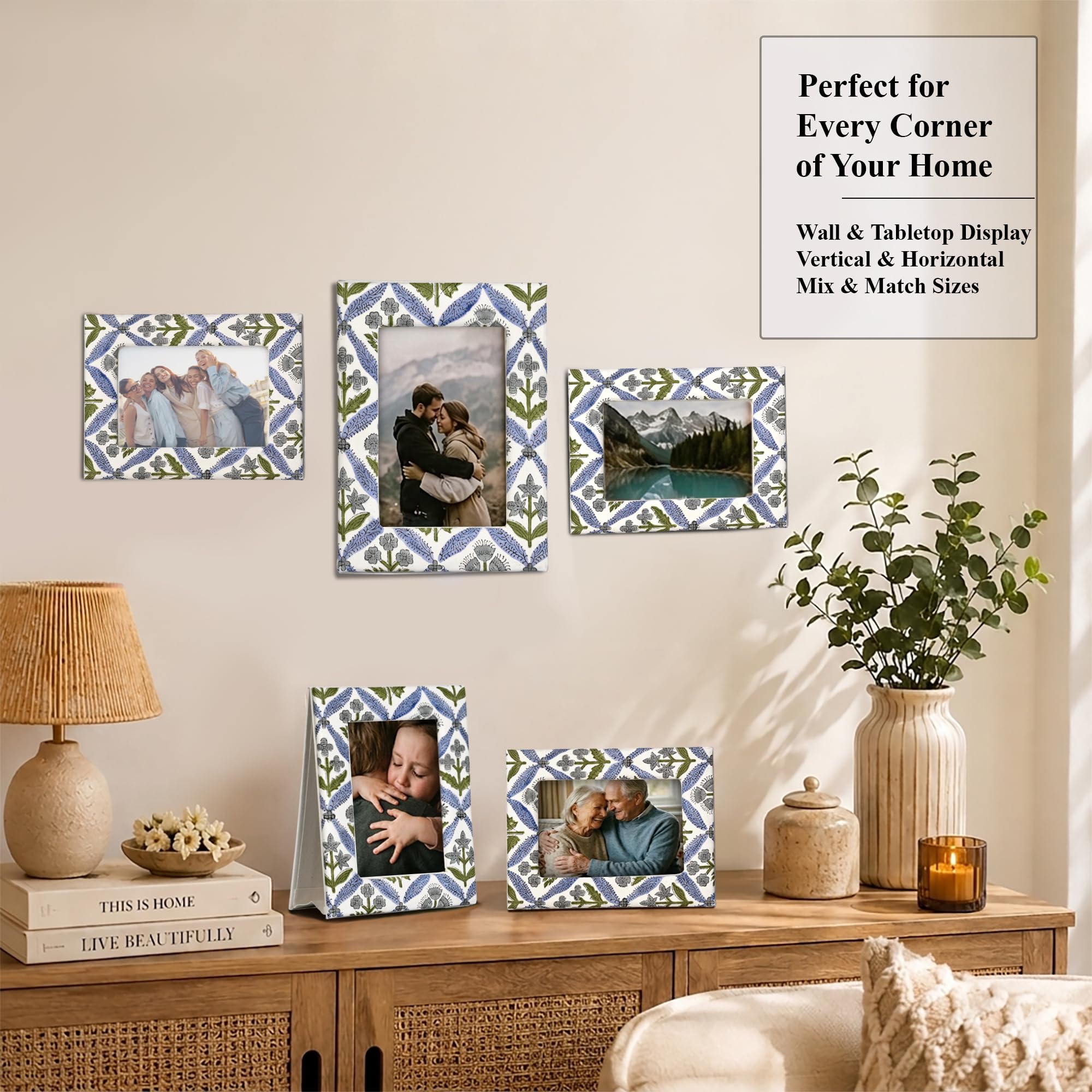 Hand Block Print Cotton Picture Frame - Light Steel Blue