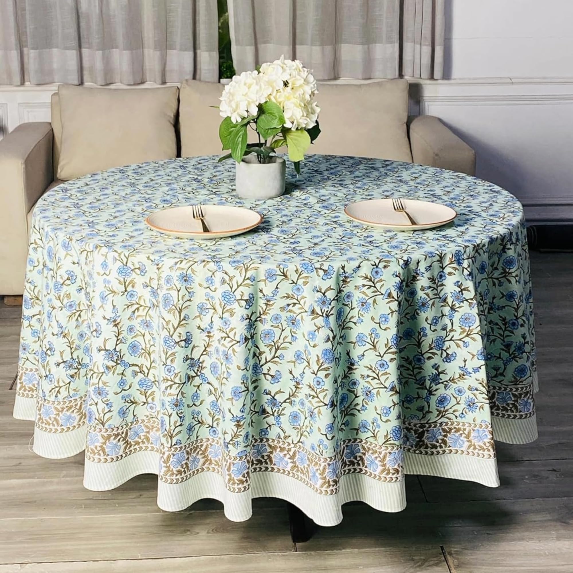 Hand Block Print Cotton Tablecloth - Laurel & Army Green
