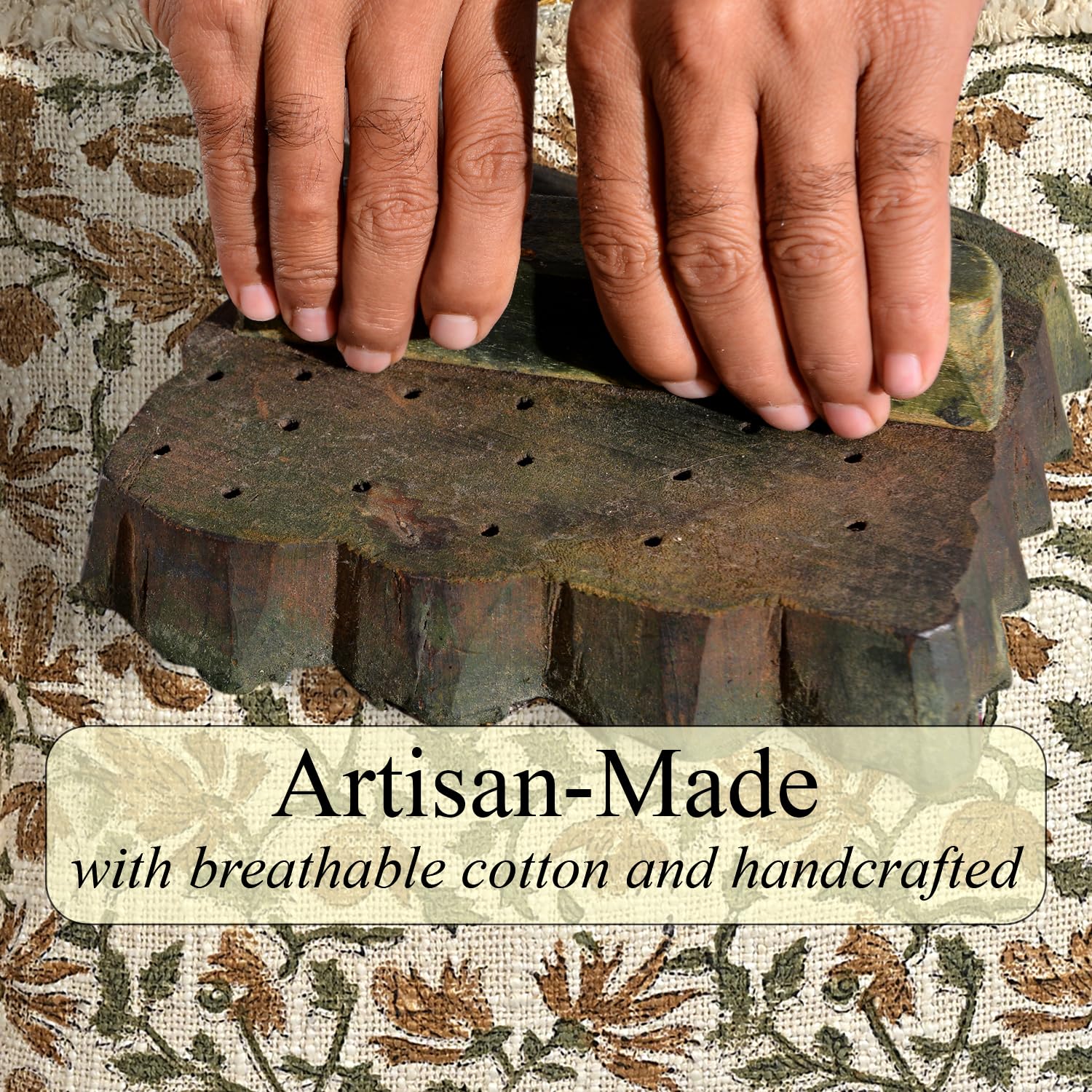 Hand Block Print Cotton Throw Pillow Cover - Amber Fern Garden