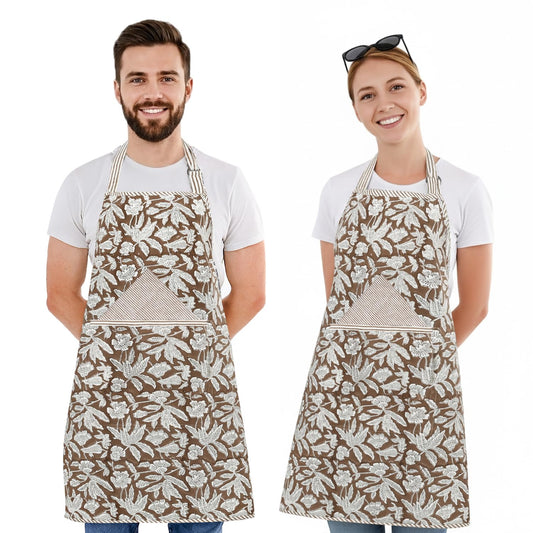 Hand Block Print Cotton Kitchen Apron - Ook Brown