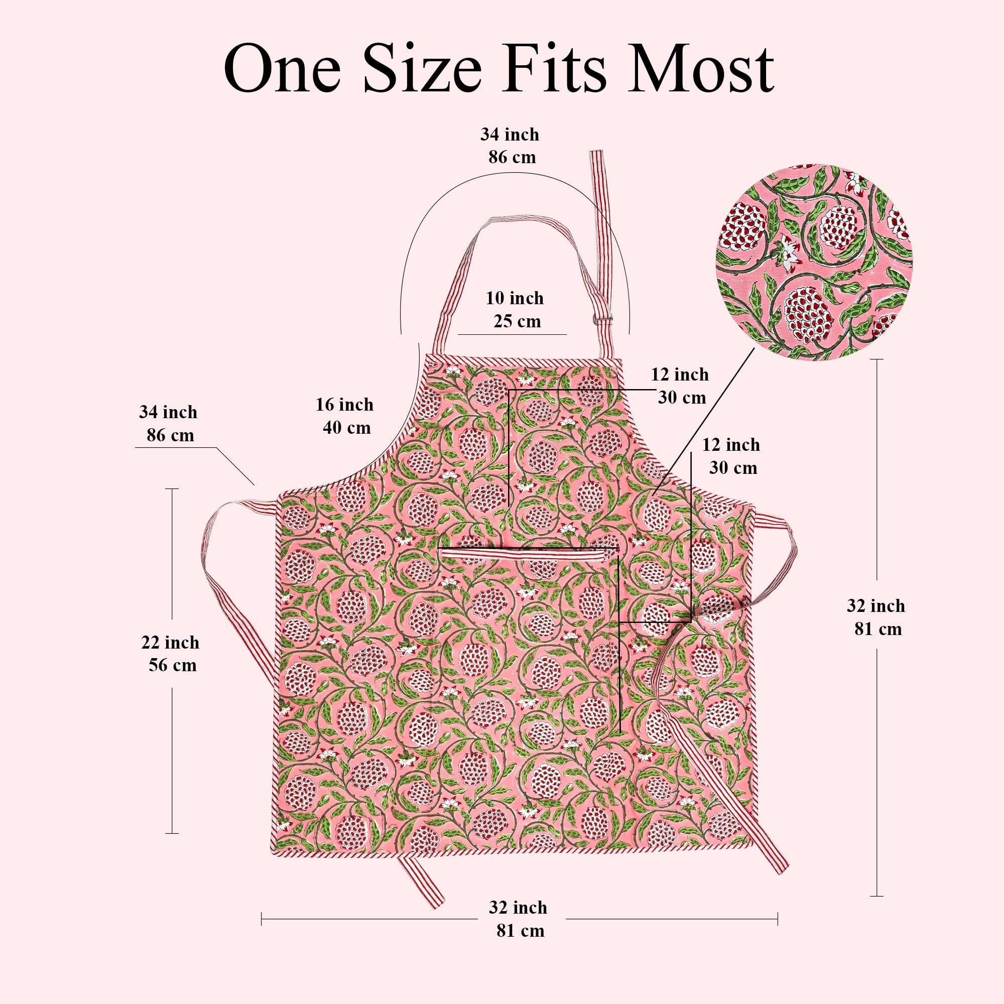 Hand Block Print Cotton Kitchen Apron - Dark Salmon Pink