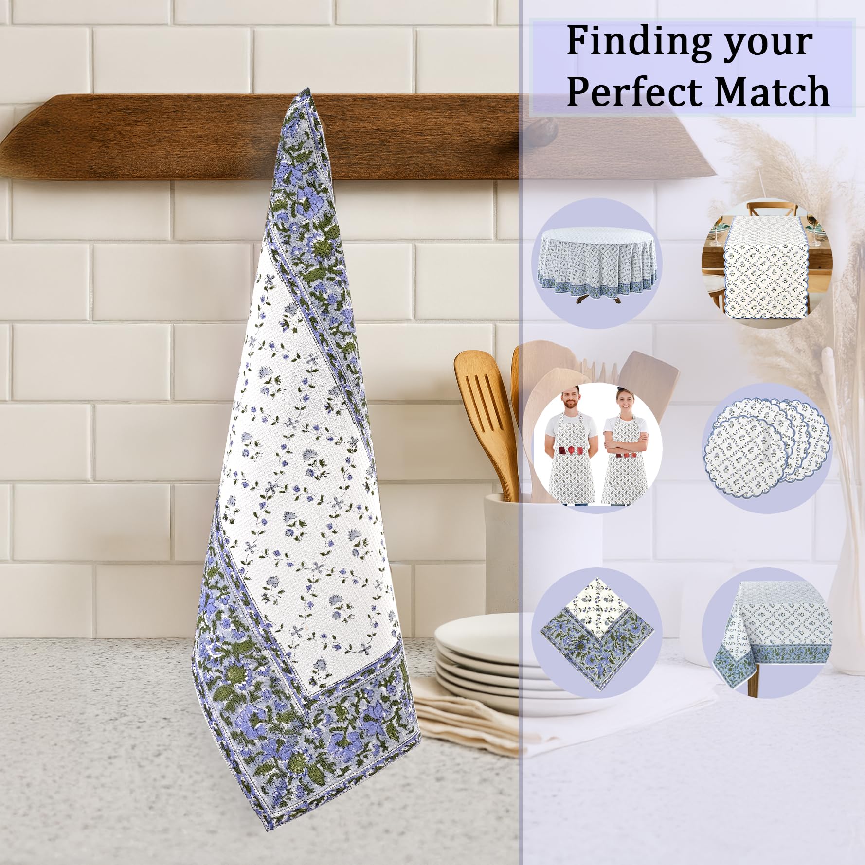 Hand Block Print Cotton Kitchen Towel - Powder Blue