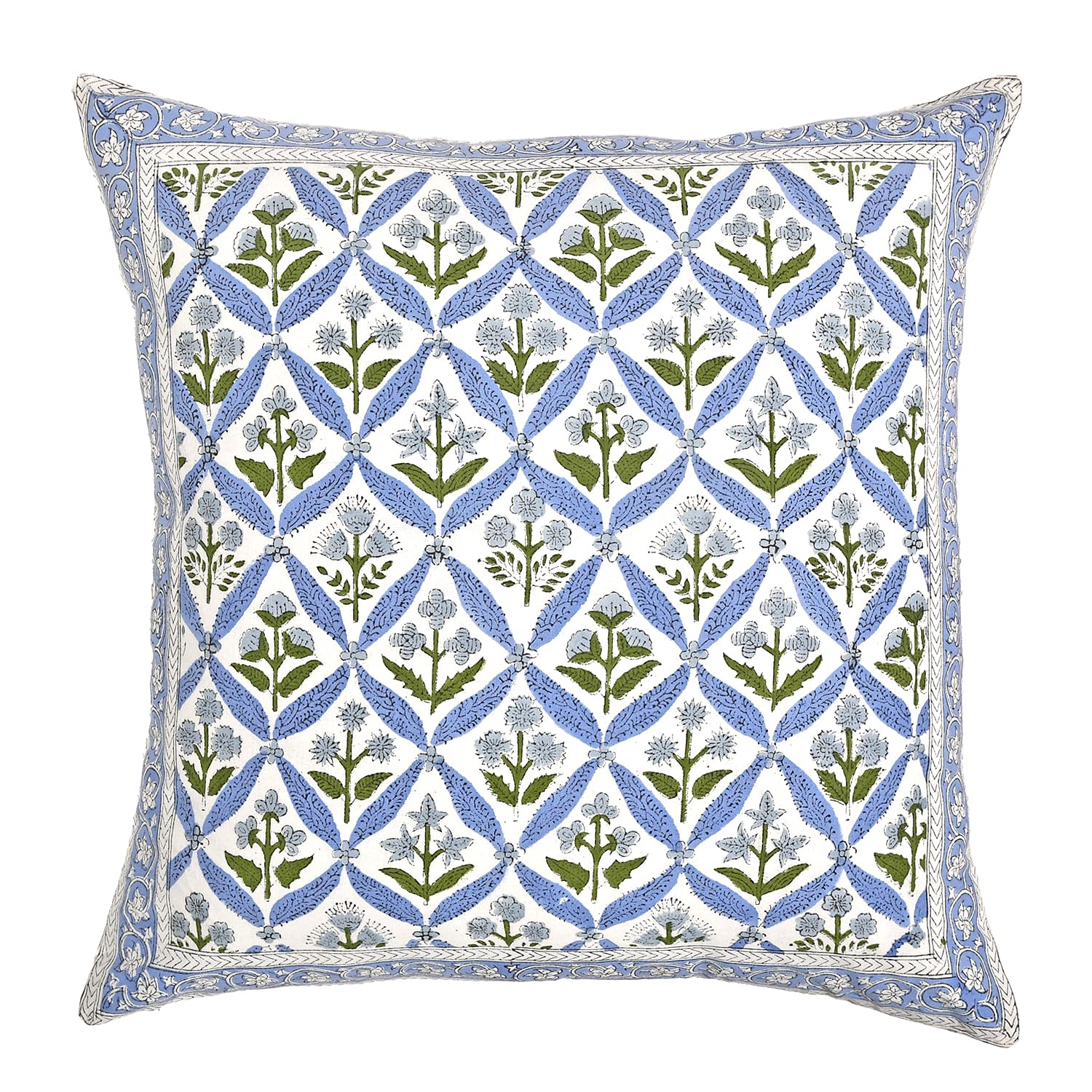 Hand Block Print Cotton Throw Pillow Cover - Light Steel Blue