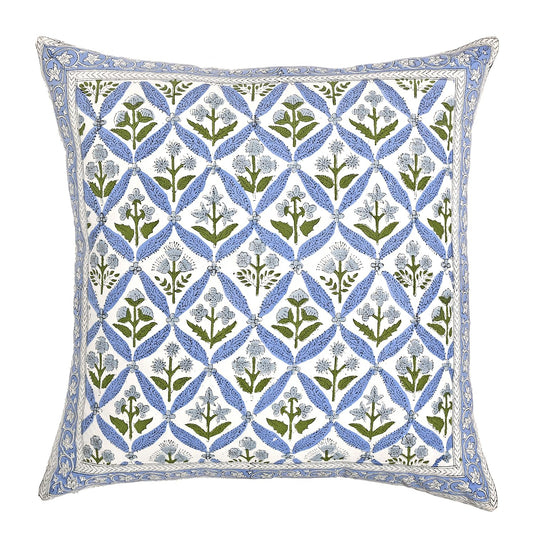 Hand Block Print Cotton Throw Pillow Cover - Light Steel Blue