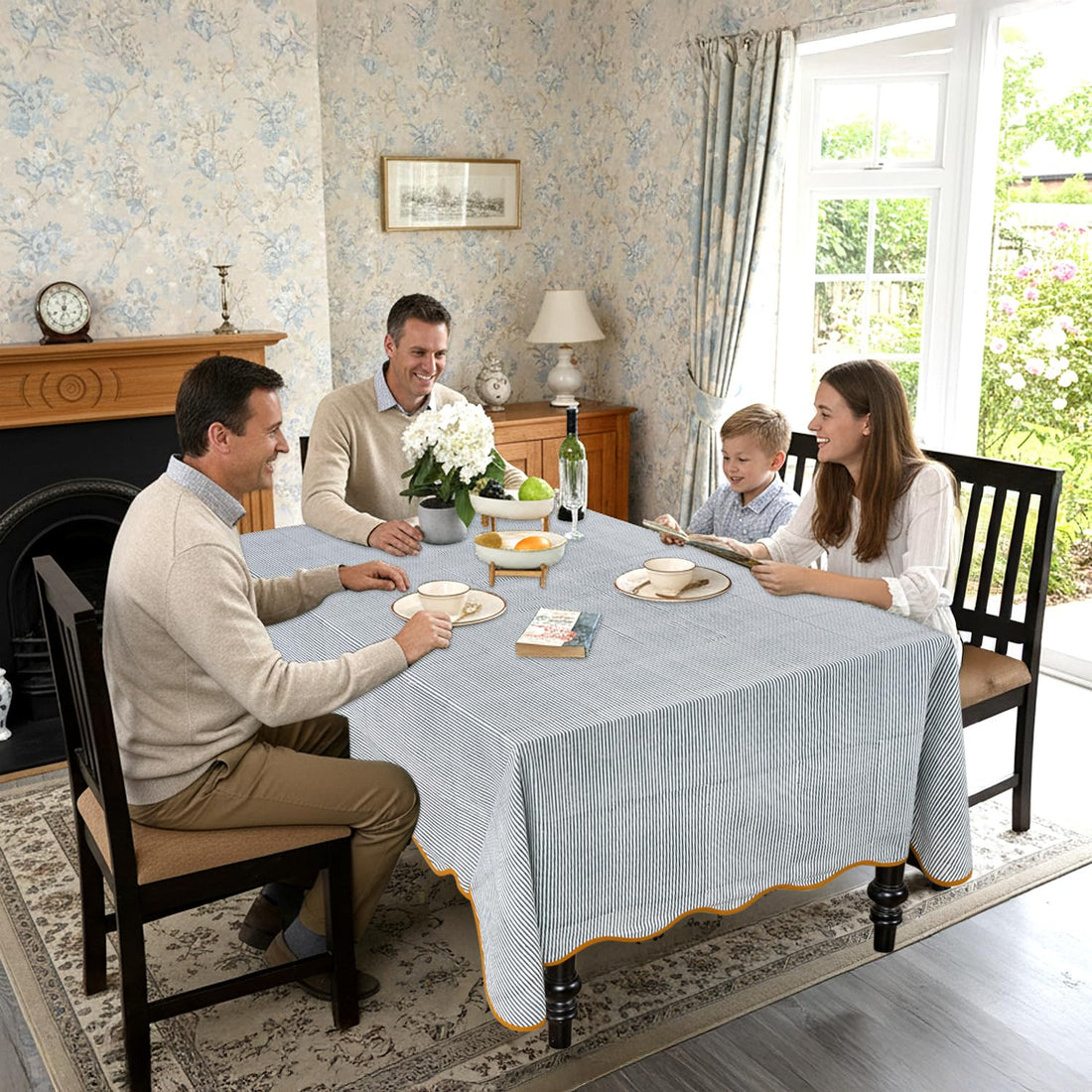 Hand Block Print Cotton Tablecloth - Slate Blue Stripe