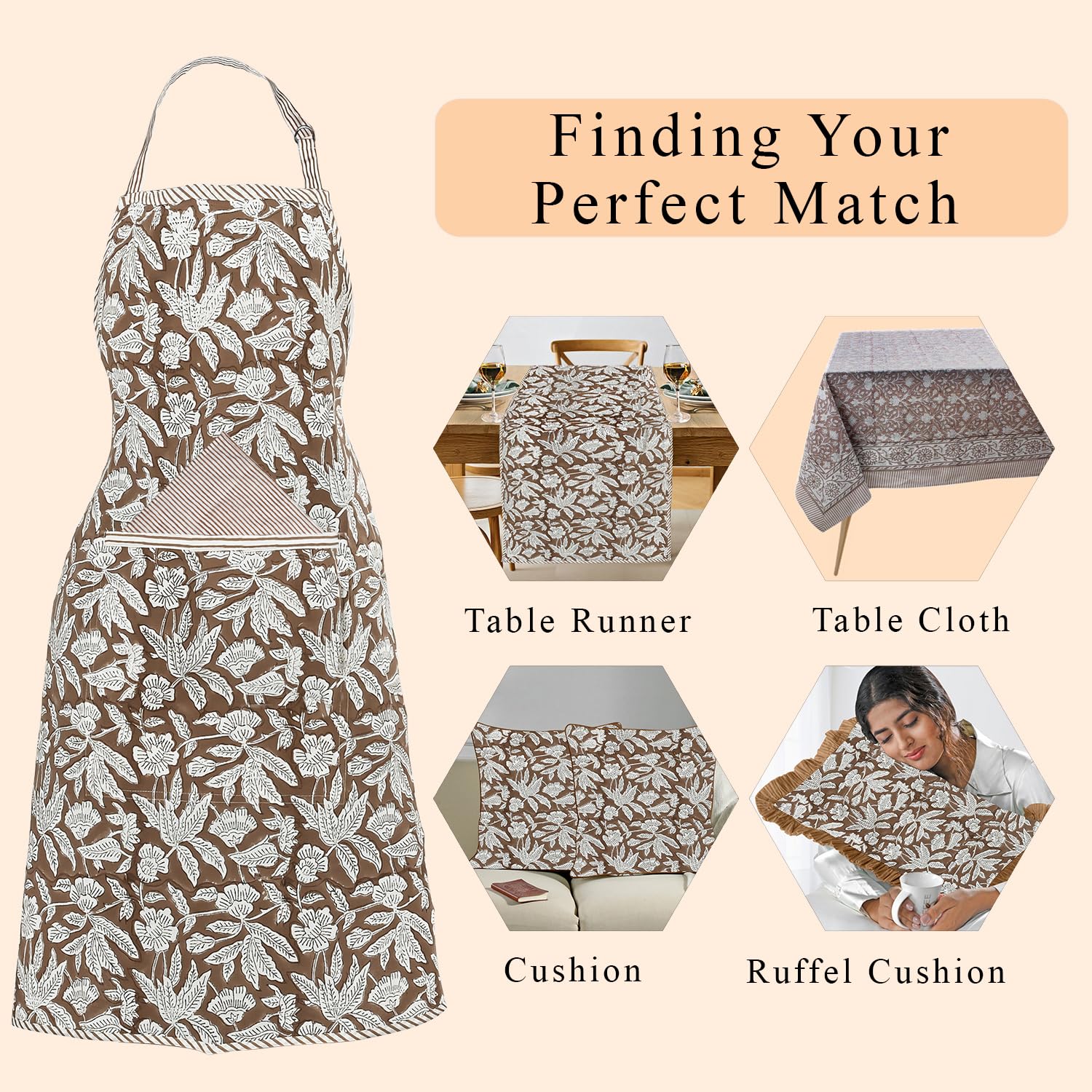 Hand Block Print Cotton Kitchen Apron - Ook Brown