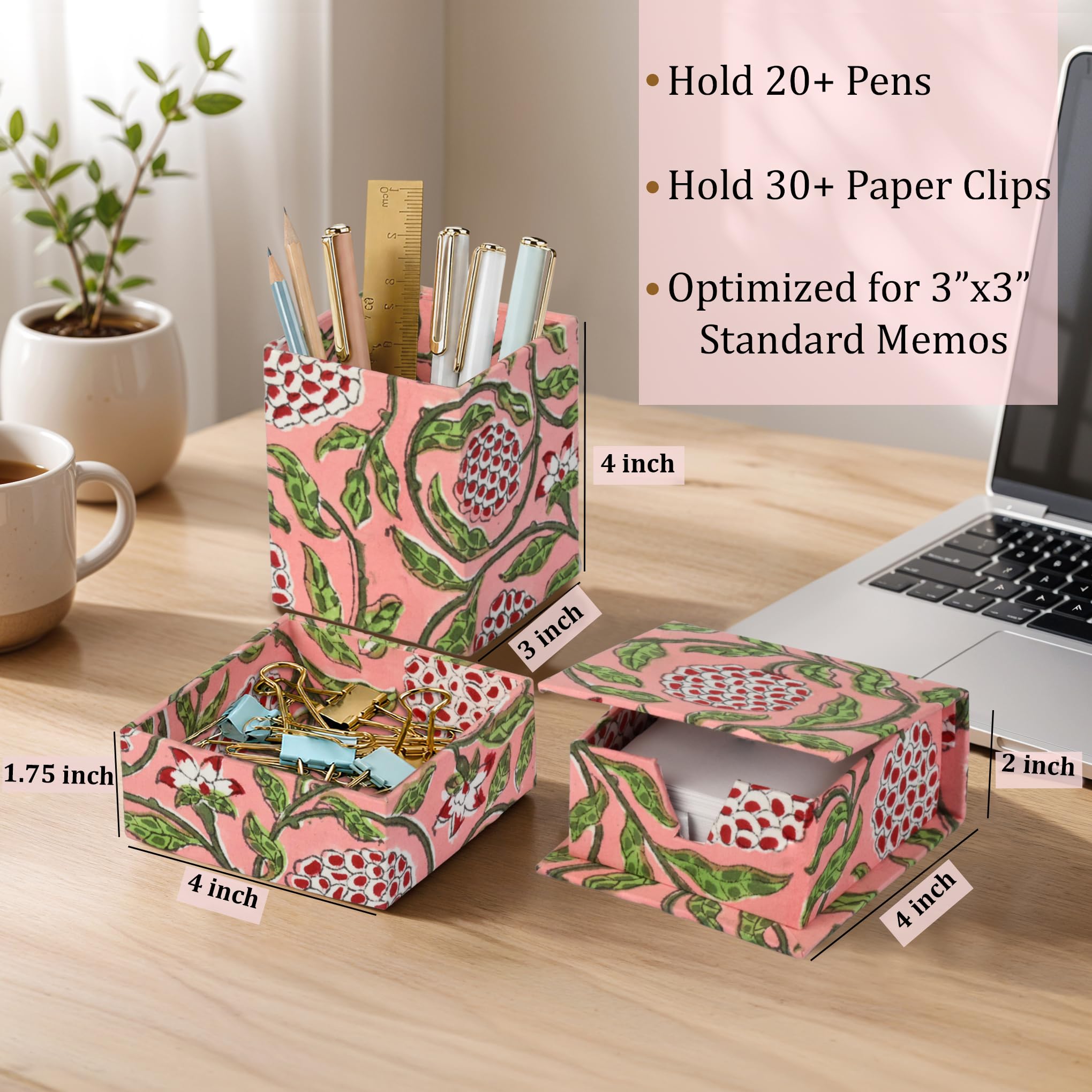 Hand Block Print Cotton Desk Organizer - Strawberry Pink