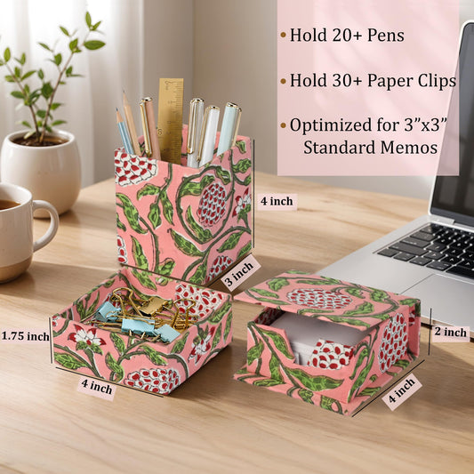 Hand Block Print Cotton Desk Organizer - Strawberry Pink