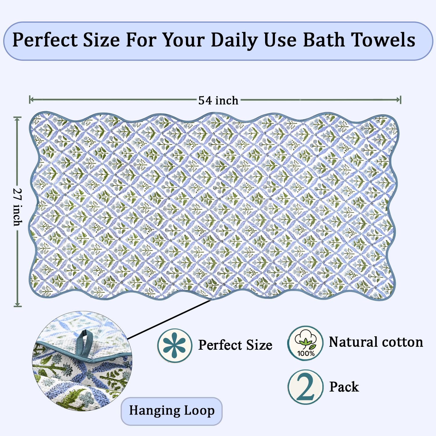 Hand Block Print Cotton Kitchen Towel - Light Steel Blue
