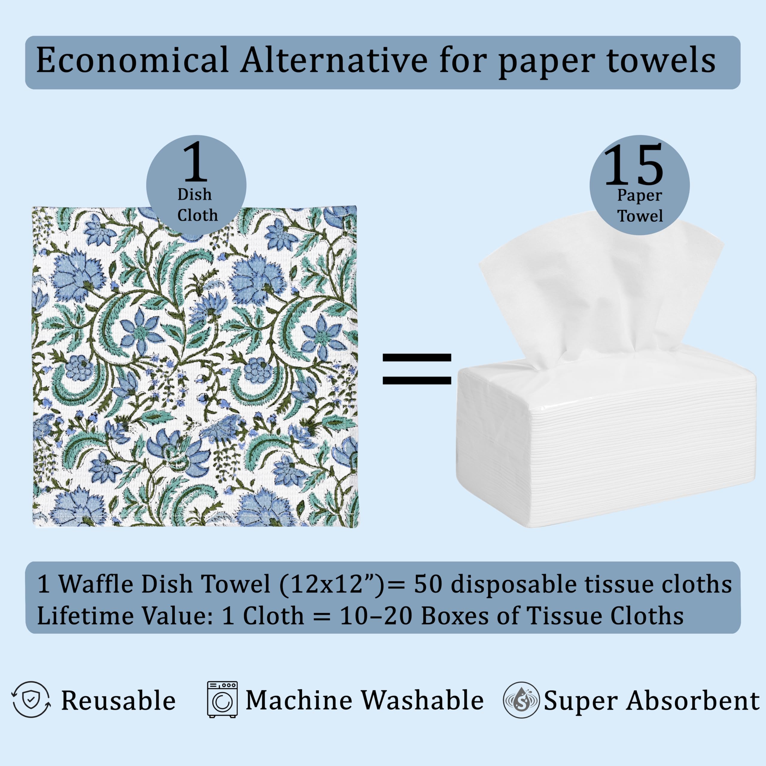Hand Block Print Cotton Kitchen Towel - Columbia Blue