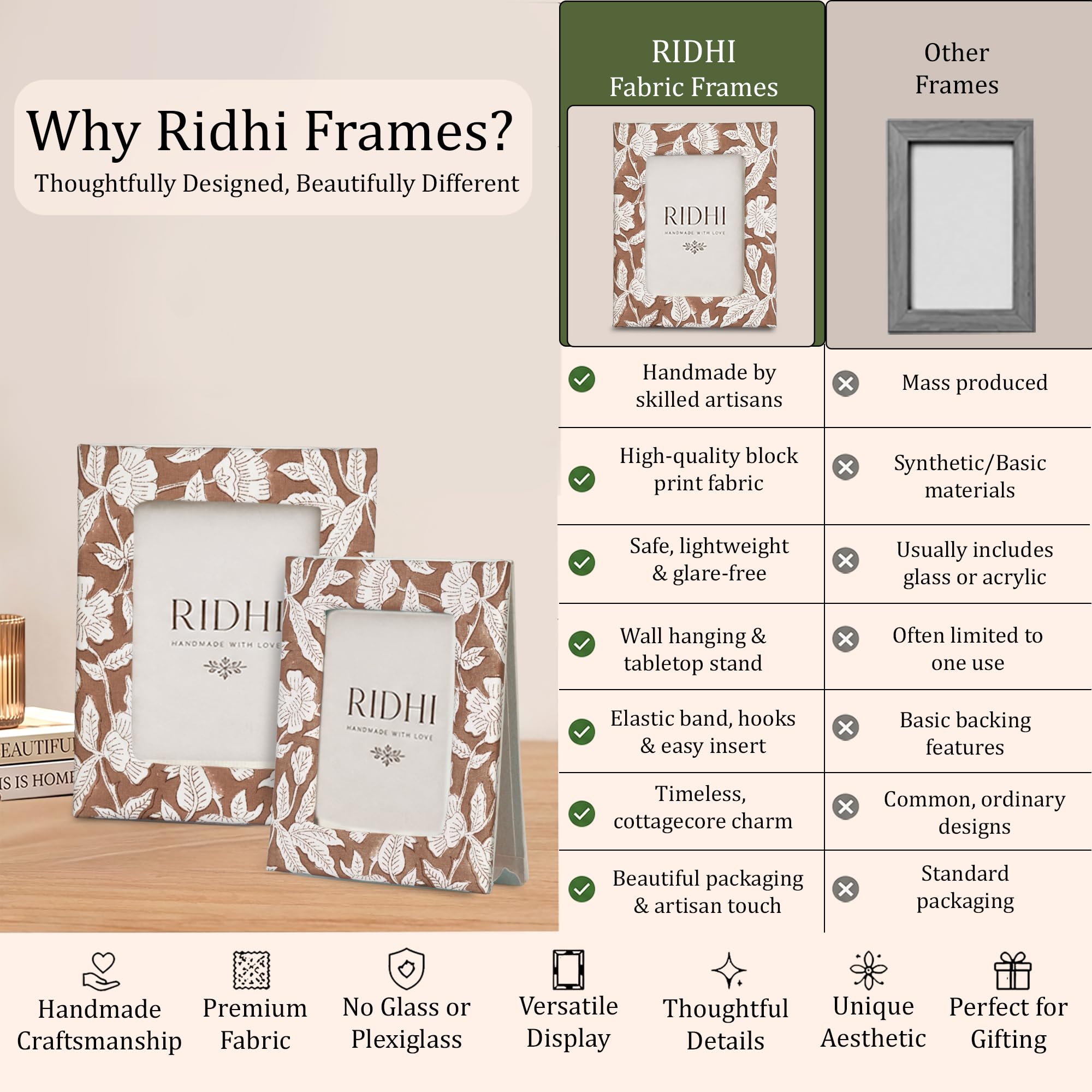 Hand Block Print Cotton Picture Frame - Oak Brown