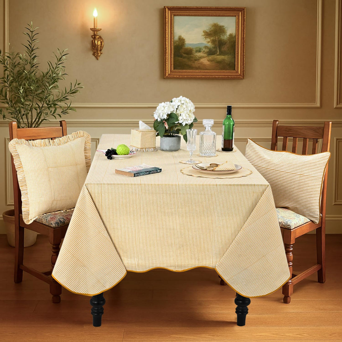 Hand Block Print Cotton Tablecloth - Warm Saffron Yellow Stripe