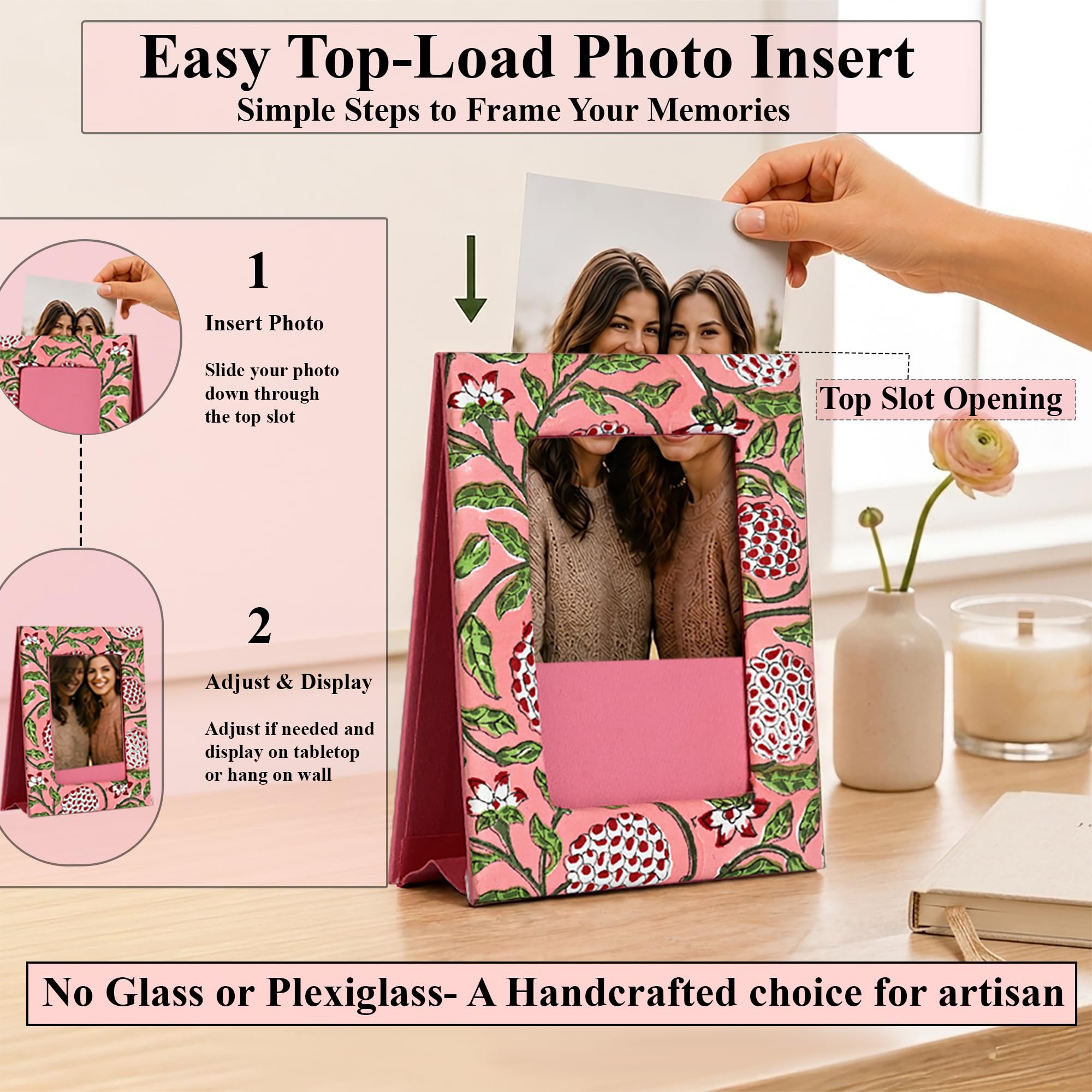 Hand Block Print Cotton Picture Frame - Strawberry Pink