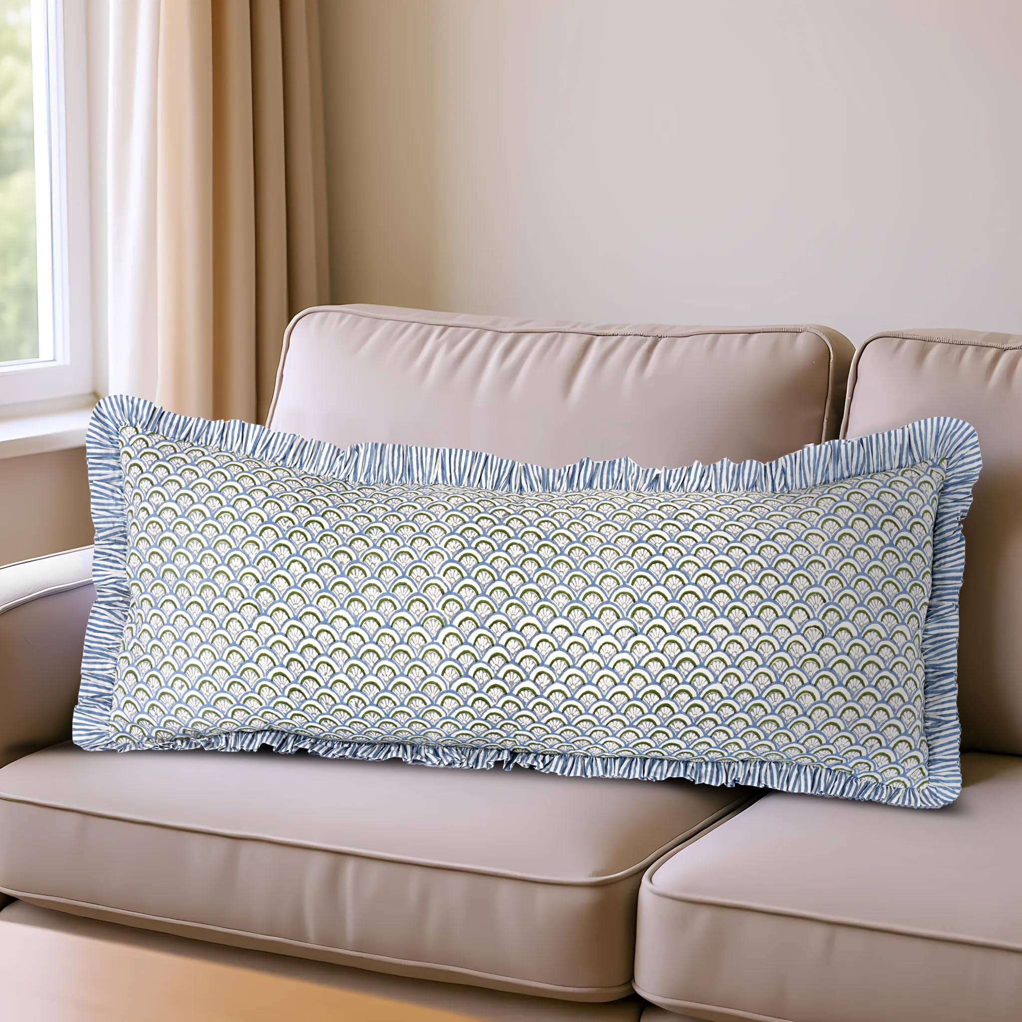 Hand Block Print Cotton Throw Pillow Cover - Hand Fan Harmony