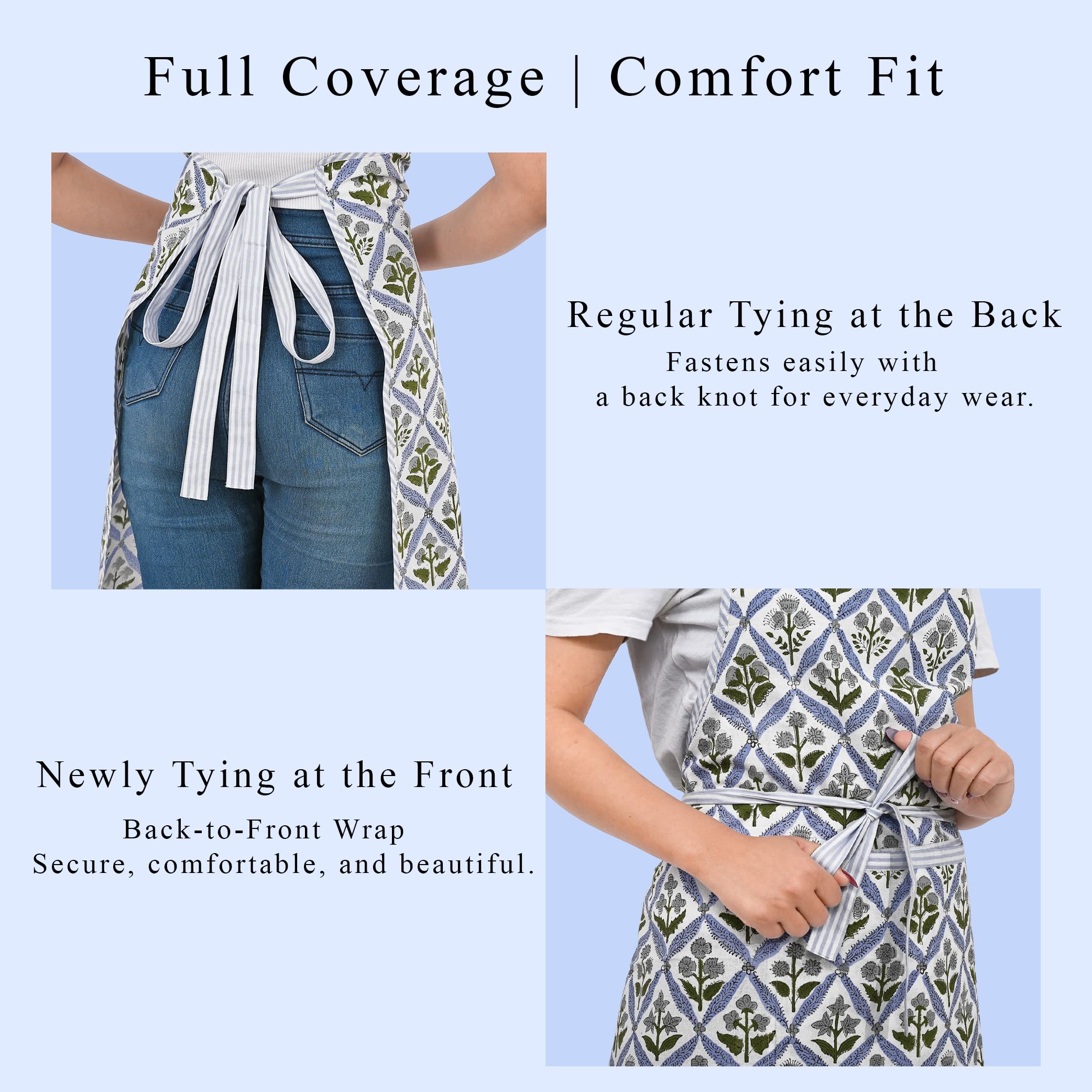 Hand Block Print Cotton Kitchen Apron - Light Steel Blue