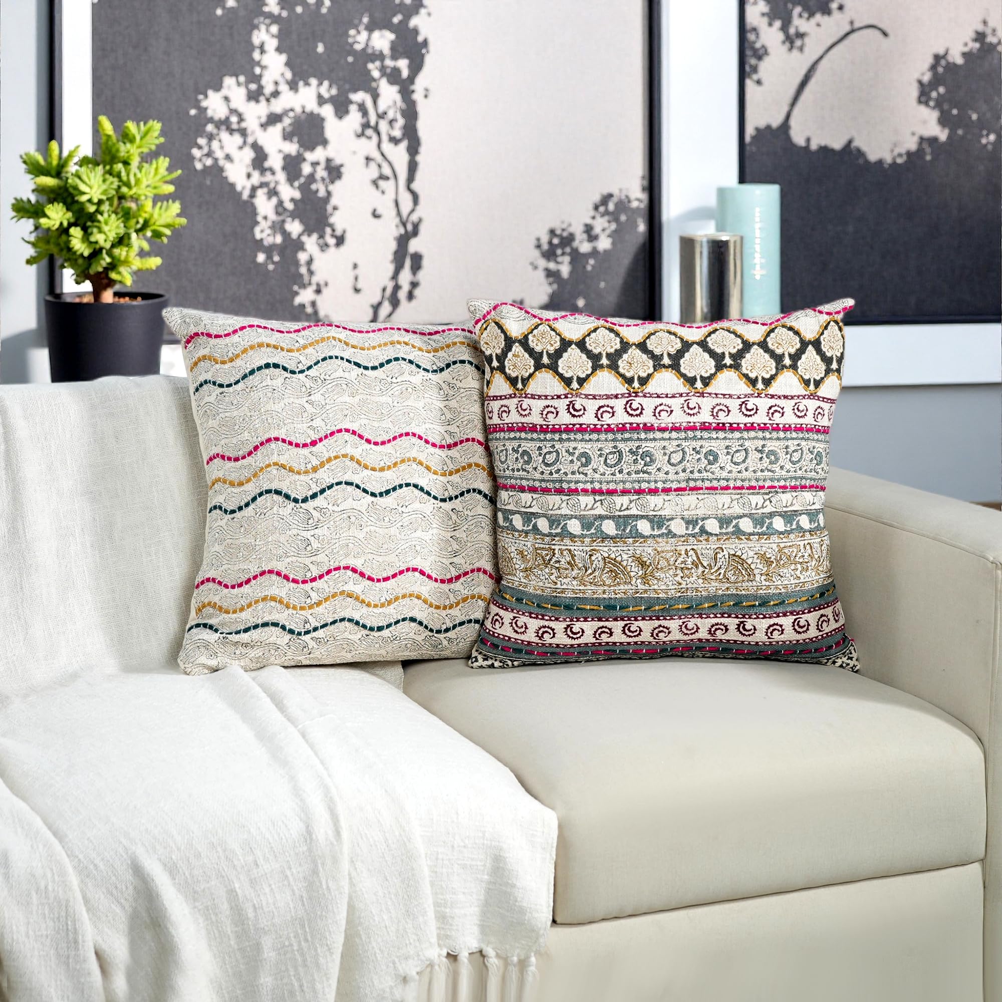 Hand Block Print Cotton Throw Pillow Cover - Neutral Ivory Grey