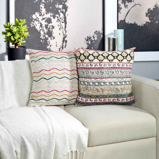 Hand Block Print Cotton Throw Pillow Cover - Neutral Ivory Grey