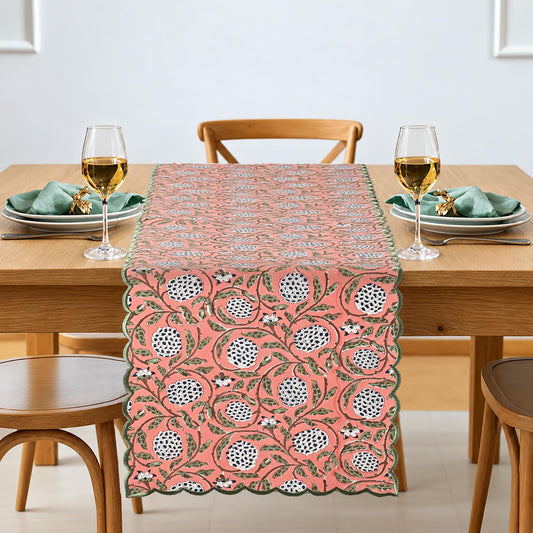 Ridhi dark salmon hand block print embroidered cotton table runner