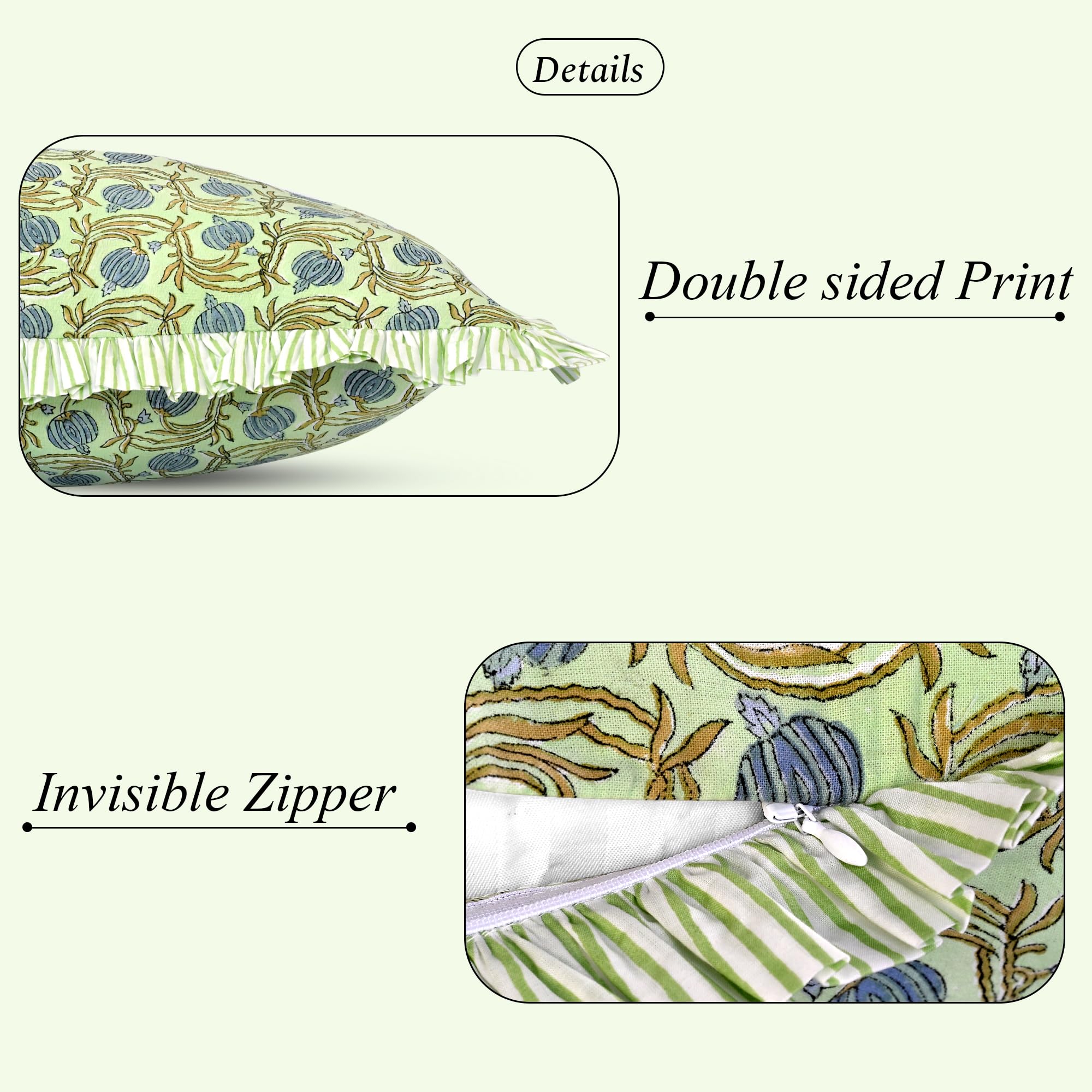 Hand Block Print Cotton Throw Pillow Cover - Apple Green Floral